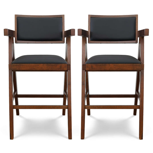 Two Athena Counter Chairs in black and brown, featuring wooden frames, armrests, and black cushioned seats and backs, are placed side by side against a white background.