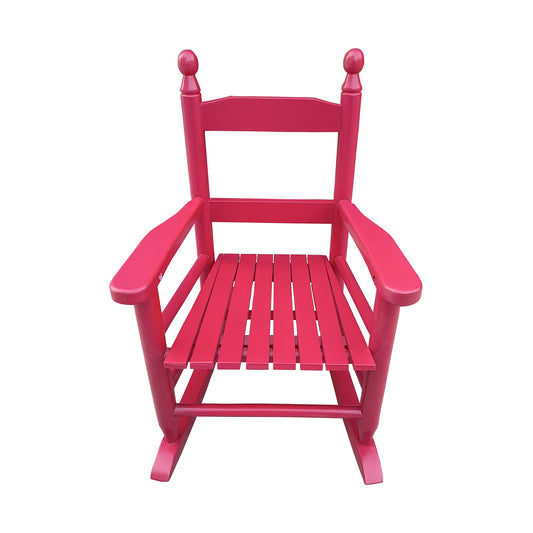 A durable, bright red Children's Rocking Chair for indoor or outdoor use, with a slatted seat and backrest, shown from the front against a white background. Suitable for kids.