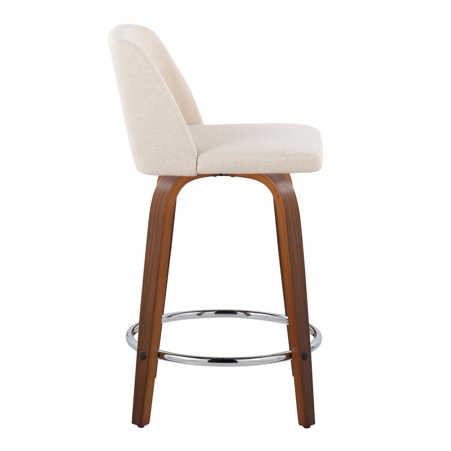 The Toriano Mid Century Modern Counter Stool features a beige cushioned seat and backrest, curved wooden base, and a circular chrome footrest, offering a sleek and contemporary design. Available as a set of two fixed-height stools with swivel functionality.