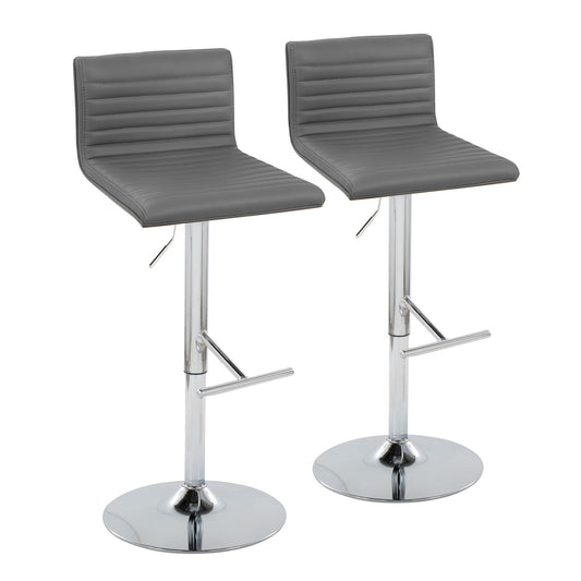 The Mason Contemporary Adjustable Barstool & Swivel with Straight T Footrest (Set of 2) features grey cushioned, horizontally stitched seats and backs, shiny chrome bases, footrests, and adjustable height.