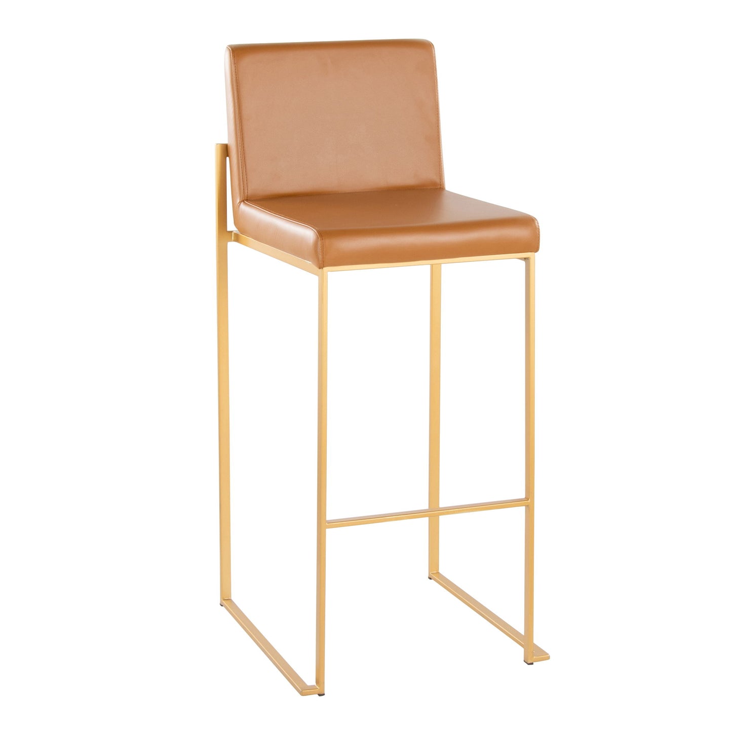 The Fuji - Contemporary Design High Back Barstool (Set of 2) features a tan leather cushioned seat and backrest with a minimalist gold metal frame and footrest.