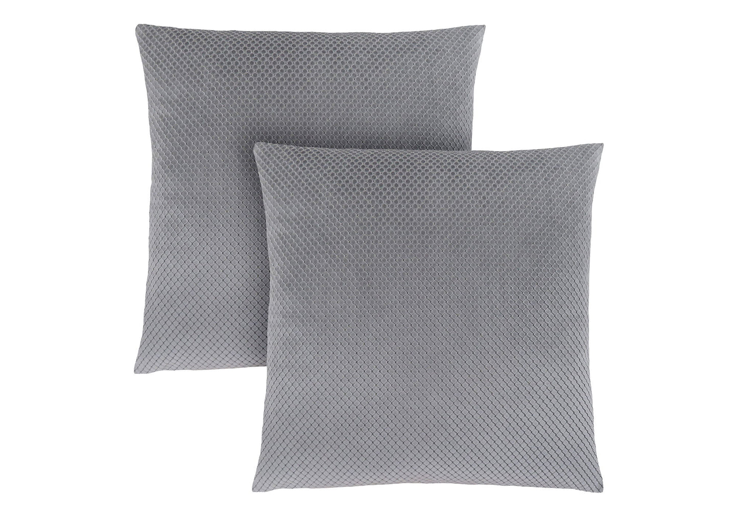 Two modern gray decorative square throw pillows with inserts, hypoallergenic, featuring a subtle textured pattern and overlapping on a white background.