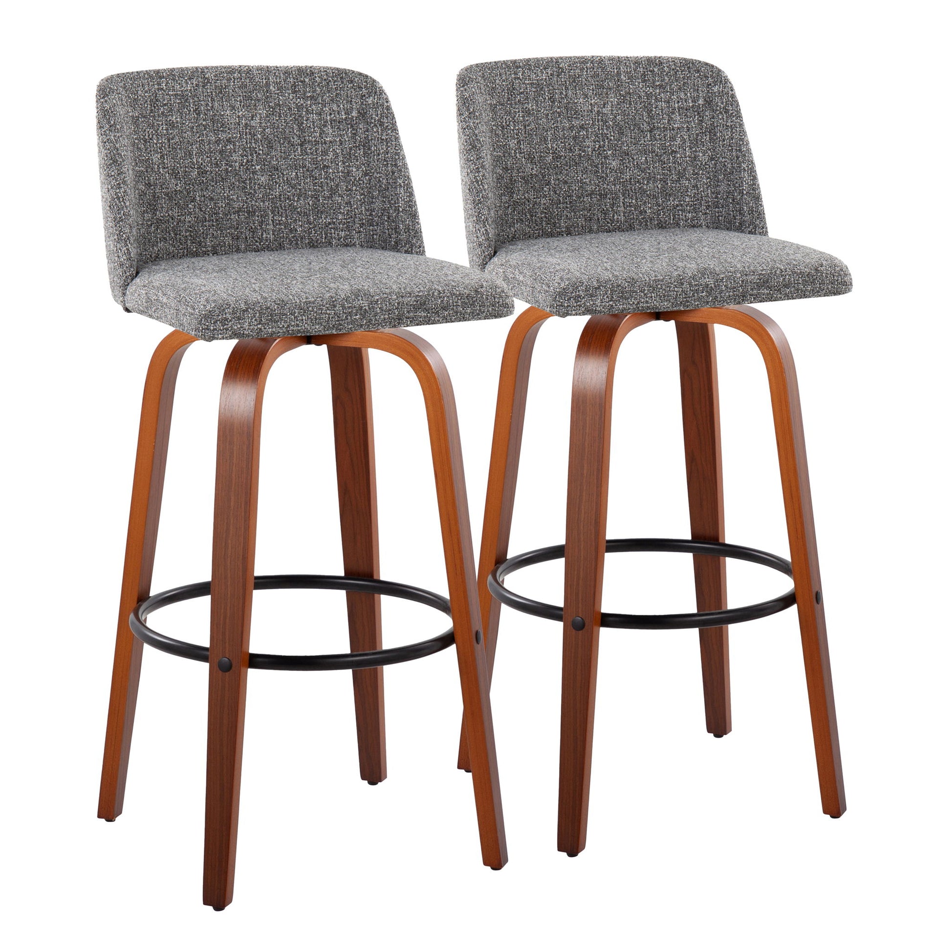 The Toriano Mid Century Modern Barstool set includes two gray upholstered seats with curved wooden legs and black round footrests, positioned side by side against a white background.