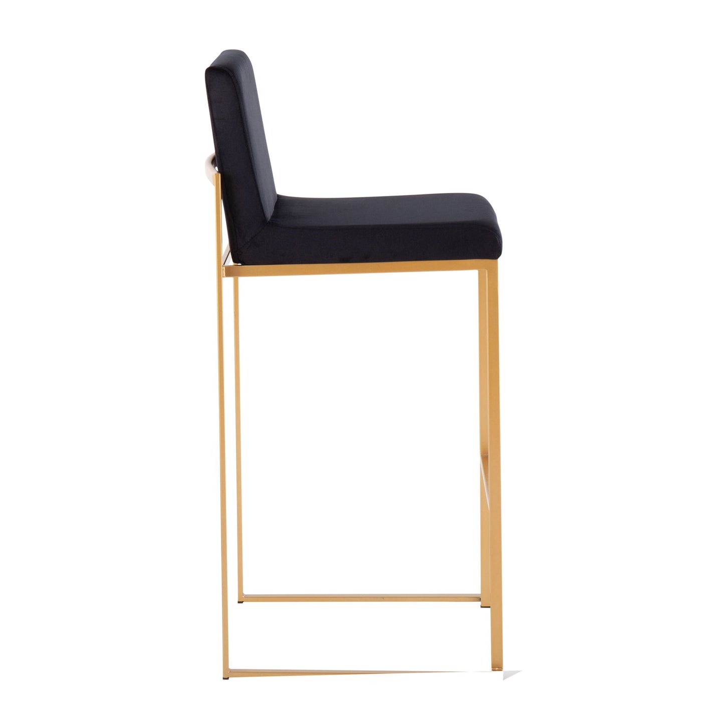 Side view of the Fuji - Contemporary Design High Back Barstool (Set of 2), featuring a black cushioned seat and backrest on a sleek gold metal frame for a minimalist, modern look.