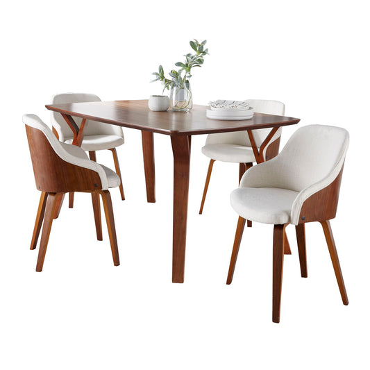 The Folia Bacci 5 Piece Mid-Century Modern Dining Set in Walnut includes a rectangular table and four cream-upholstered chairs, styled with two vases of green foliage and a white ceramic bowl.