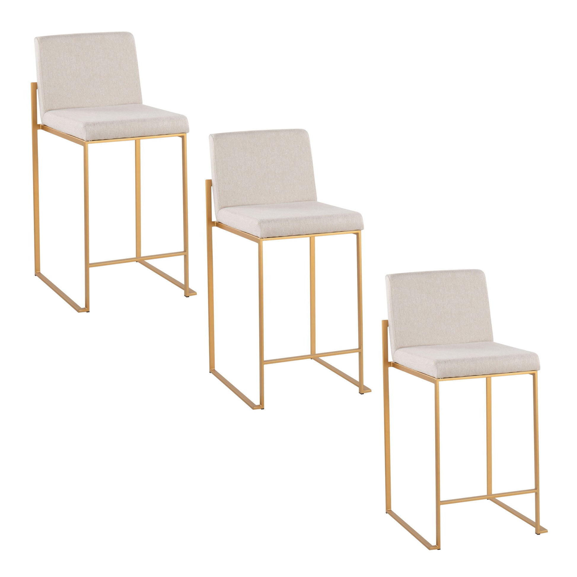 Three Fuji - Contemporary High Back Stylish Counter Stools with beige upholstered seats and slim gold metal legs are arranged in a staggered descending order from left to right on a white background.