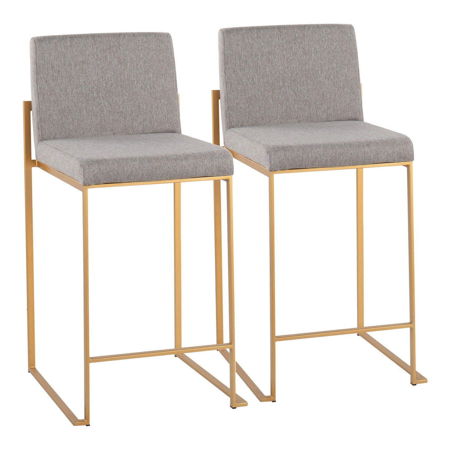 Two Fuji Contemporary High Back Counter Stools feature light gray upholstered seats and backs, set on sleek gold metal frames with footrests. Identical in design, these stylish stools are positioned side by side.