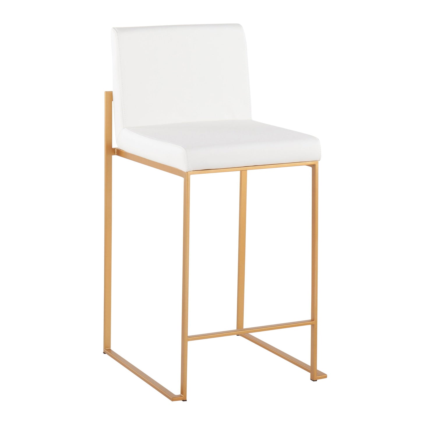 The Fuji - Contemporary High Back Stylish Counter Stool features a sleek gold metal frame with a rectangular base, plus a white cushioned seat and backrest without armrests for a modern look.