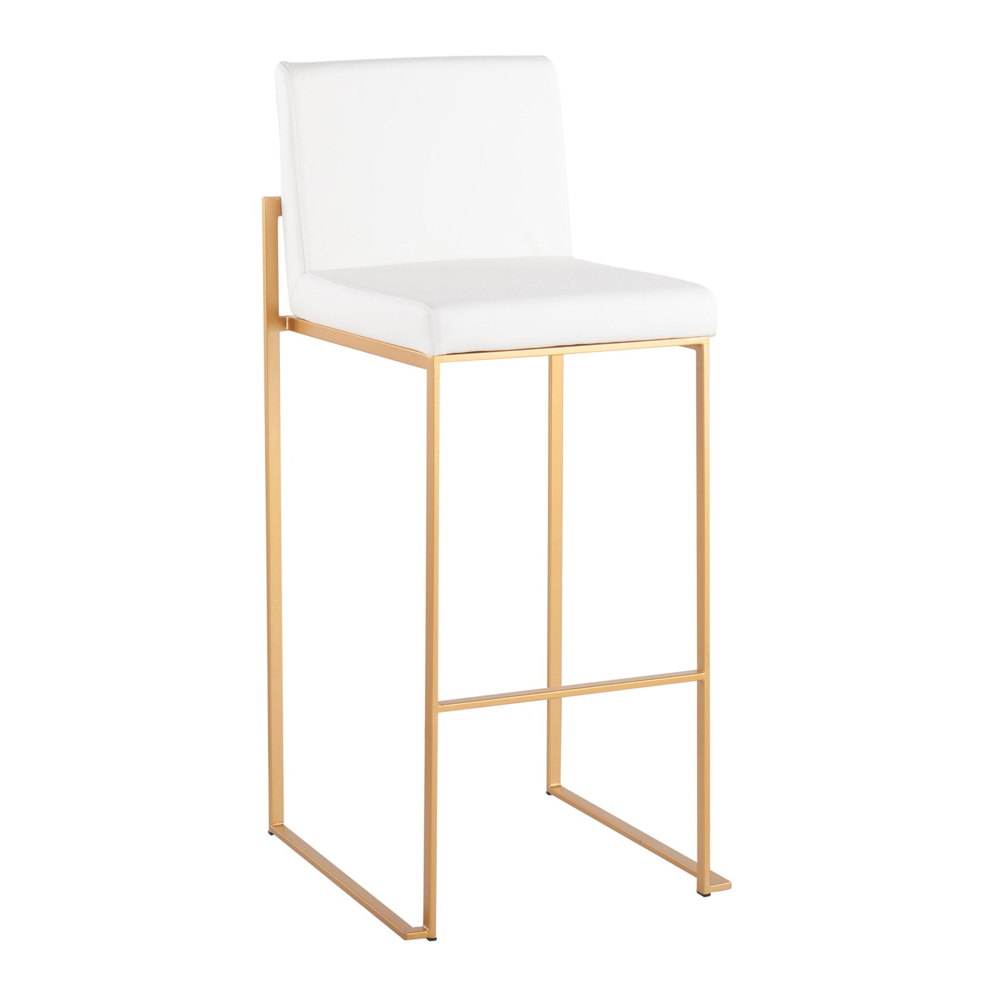 The Fuji - Contemporary Design High Back Barstool (Set of 2) features a modern look with a white cushioned seat and backrest, supported by a sleek gold metal frame and integrated footrest.