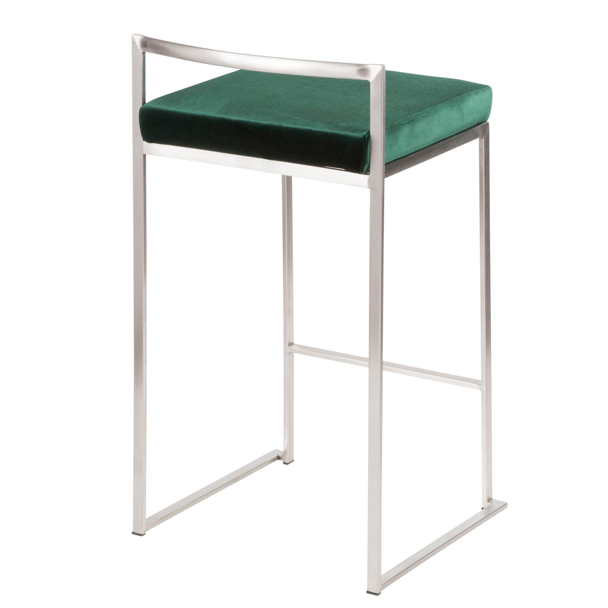 The Fuji - Contemporary Elegant Stackable Counter Stool Set features a metallic silver frame, open rectangular backrest, green velvet cushioned seat, and straight minimalist legs for a modern look.