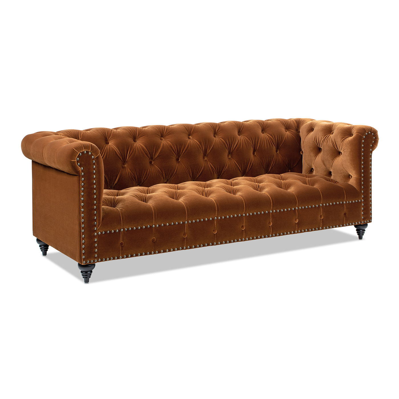 The Alto - Tufted Chesterfield Sofa features brown velvet upholstery, deep button tufting, rolled arms, nailhead trim, and dark wooden legs.