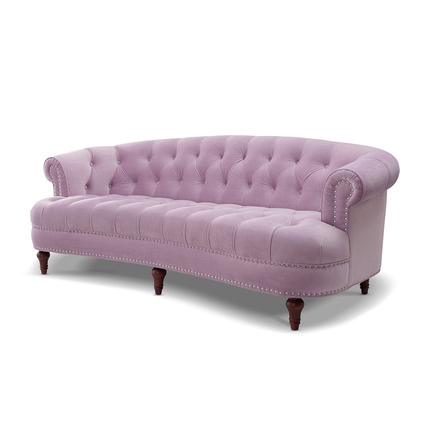 The La Rosa - Victorian Chesterfield Tufted Sofa features light purple velvet upholstery, a curved backrest and armrests, silver nailhead trim, and dark wood legs.