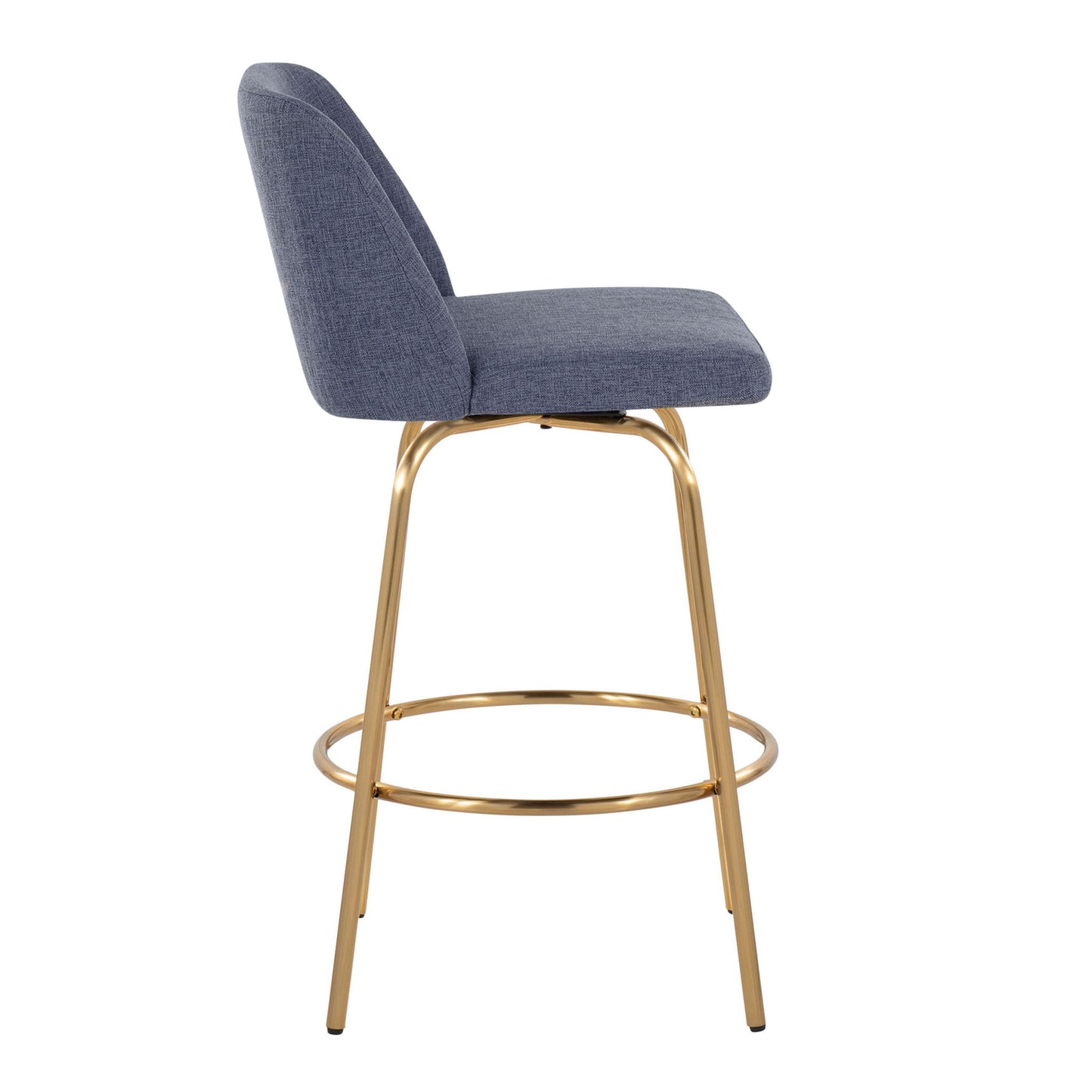 Side view of the Toriano contemporary fixed height counter stool set, featuring a blue upholstered seat and backrest, gold metal legs, swivel function, and a round footrest. Set of 2.