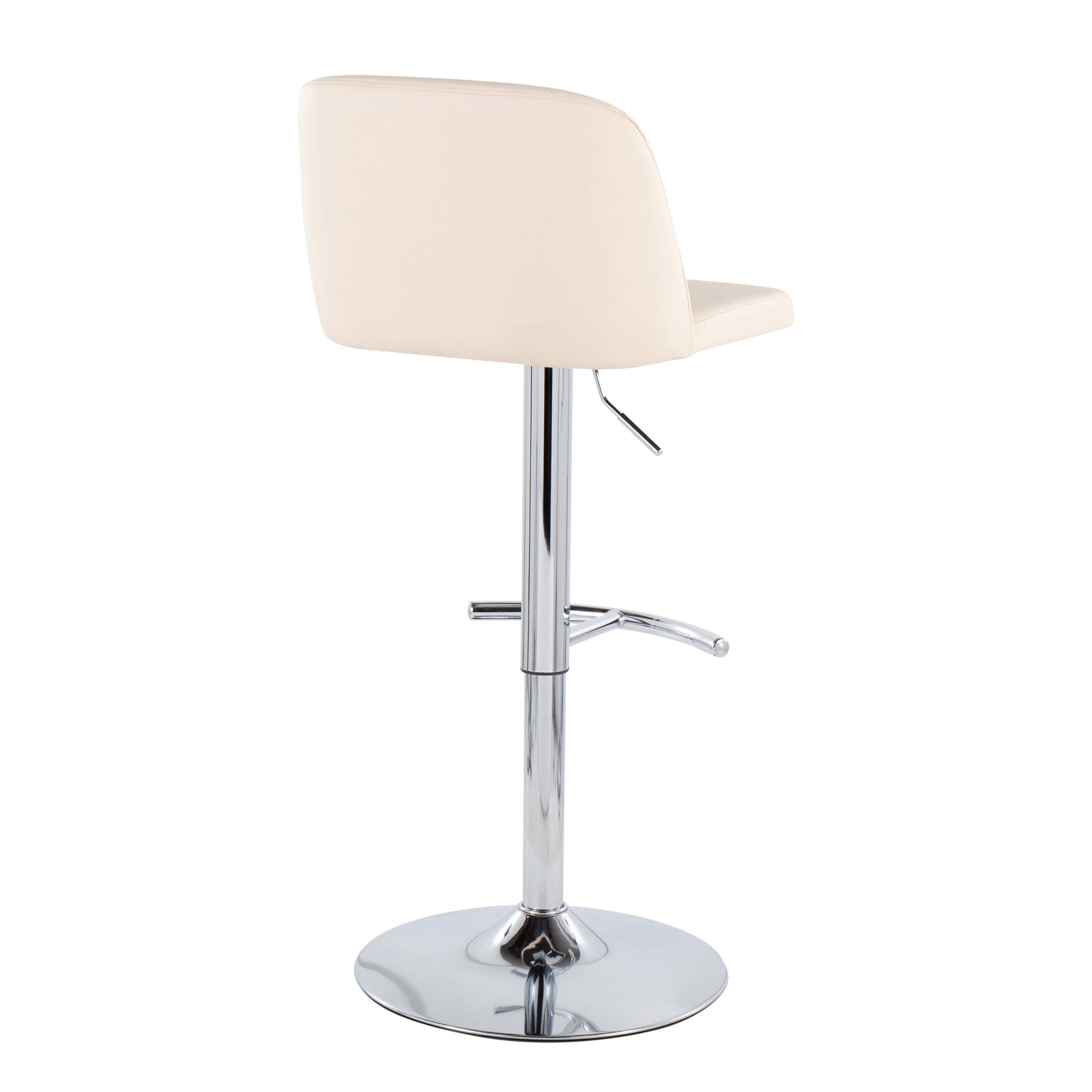 The Toriano Contemporary Adjustable Barstool Set of 2 features a cream cushioned seat and backrest, chrome base, rounded T footrest, swivel function, and height adjustment lever—shown here from the back.