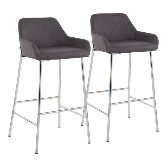 The Daniella Contemporary Fixed Height Bar Stool (Set of 2) features dark gray upholstered seats and backs, armrests, and slender chrome legs with footrests for a sleek, modern look.