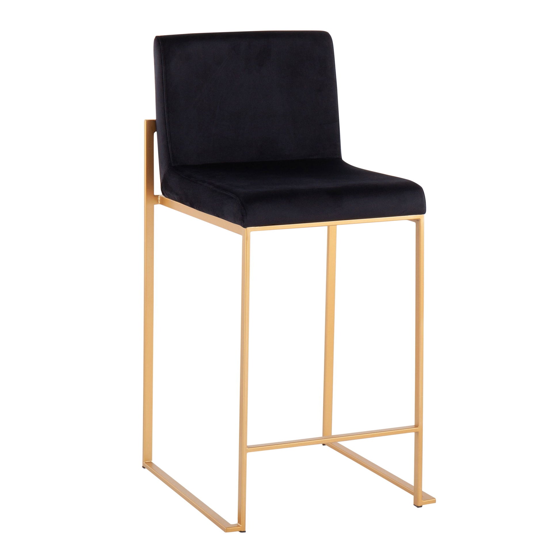 The Fuji - Contemporary High Back Stylish Counter Stool features a black cushioned seat and backrest, complemented by a sleek gold metal frame with straight legs and a convenient footrest.