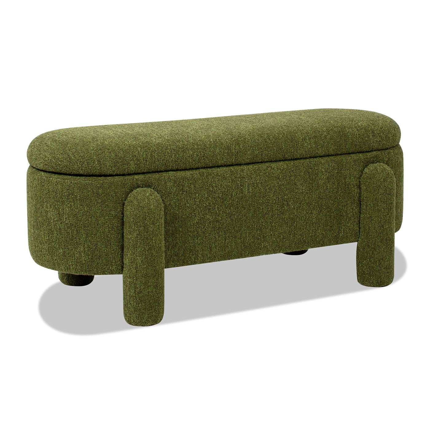 The Hugo - Oval Fully Upholstered Storage Bench features a modern olive-green design with a rounded seat and four thick cylindrical legs, shown against a white background.