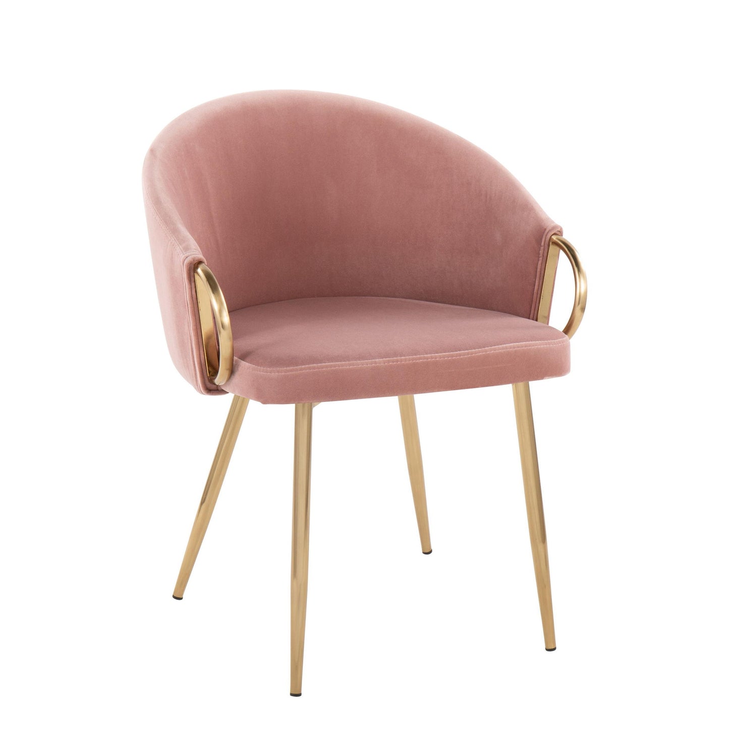 The Claire - Contemporary Glam Chair features blush pink velvet upholstery, gold metal legs, and curved gold armrests for a stylish modern look.