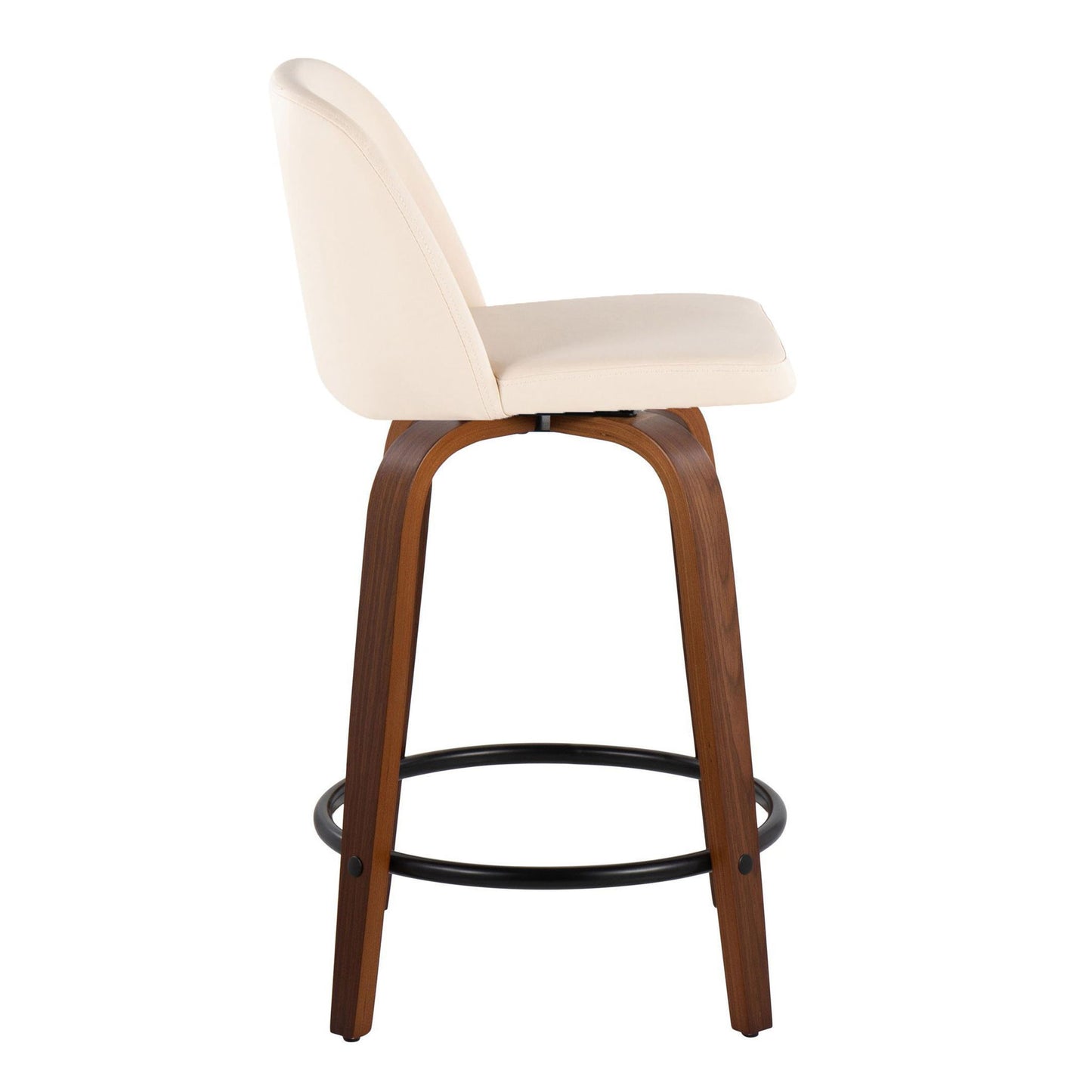 The image shows a side view of the Toriano Mid Century Modern Fixed Height Counter Stool, featuring a curved wooden frame, beige cushioned seat and backrest, and a round black metal footrest, against a white background. Set of 2.