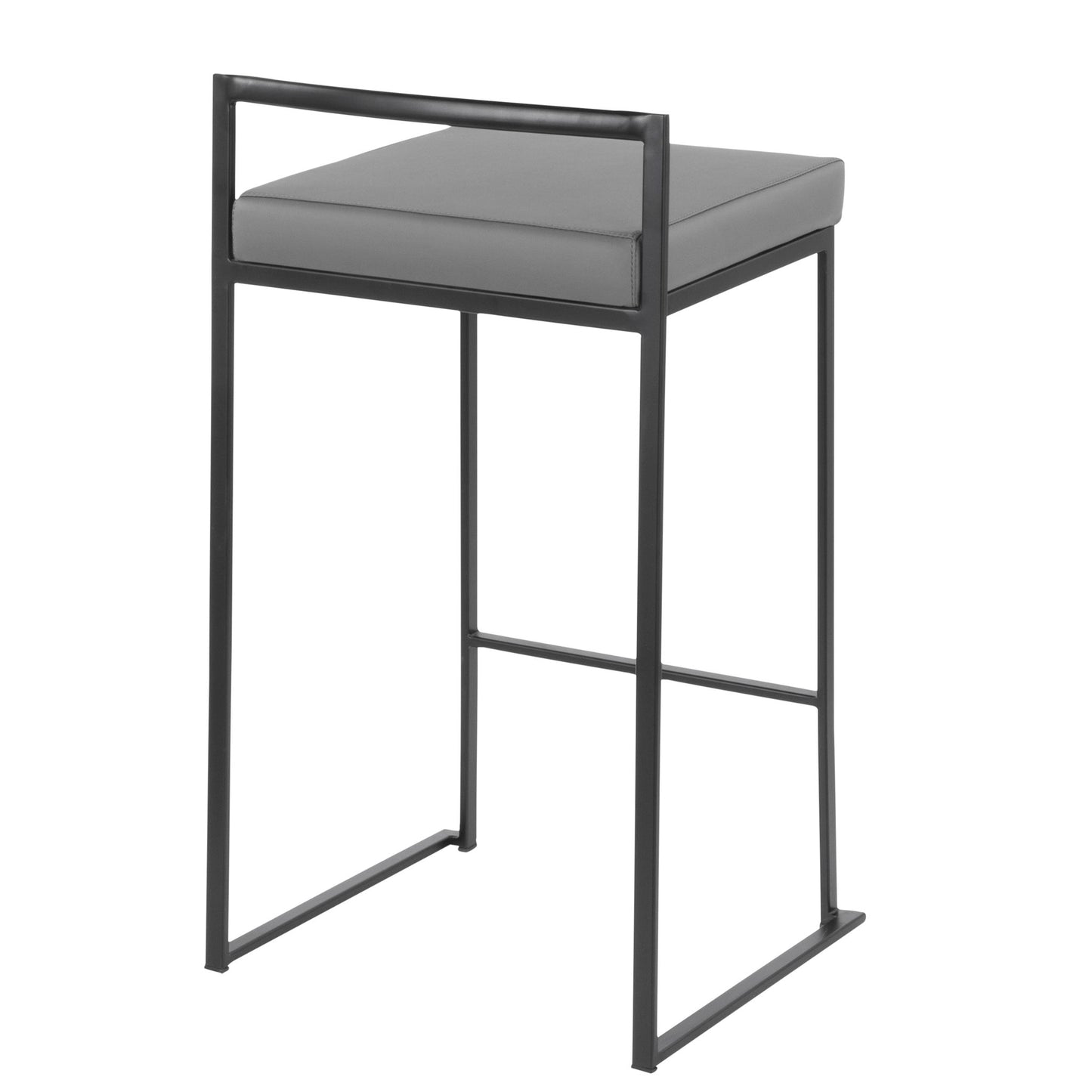 The Fuji - Contemporary Style Stackable Counter Stool features a black metal frame, rectangular gray cushioned seat, open backrest, minimalist straight-line design, and no armrests.