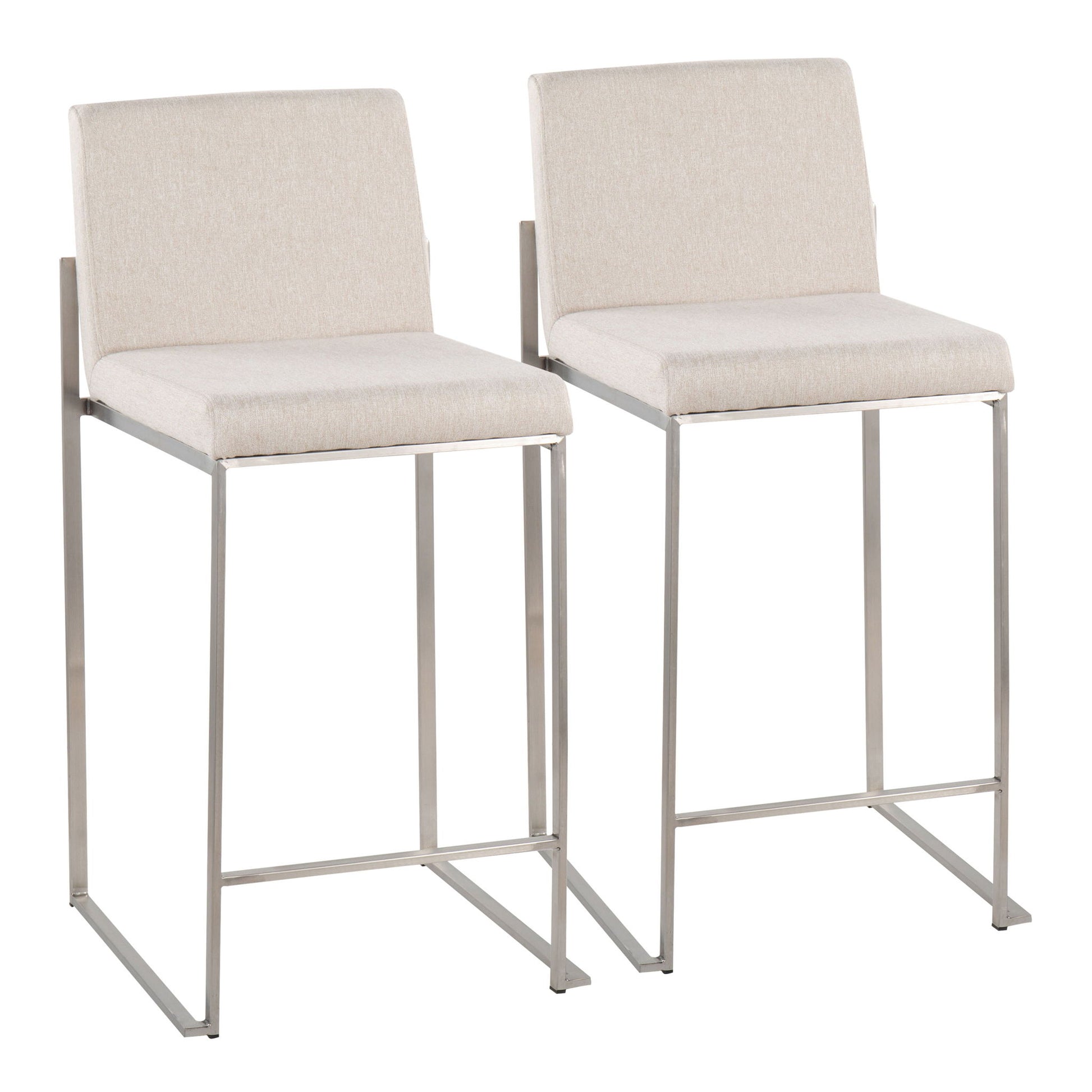 Two Fuji Contemporary High Back Counter Stools with light beige cushioned seats and backs, sleek metal legs, and brushed silver footrests are shown side by side against a white background.