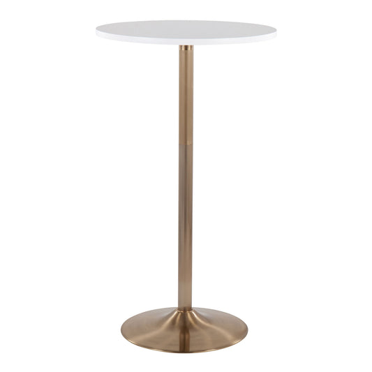 The Pebble - Contemporary & Glam Adjustable Dining / Bar Table features a round white tabletop on a sleek gold metal pedestal with a wide circular base.