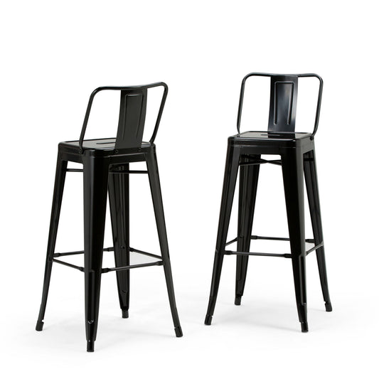 Two Rayne Multifunctional Metal Stools in tall black metal, each with a backrest and footrest, showcase a minimalist industrial design against a white background.