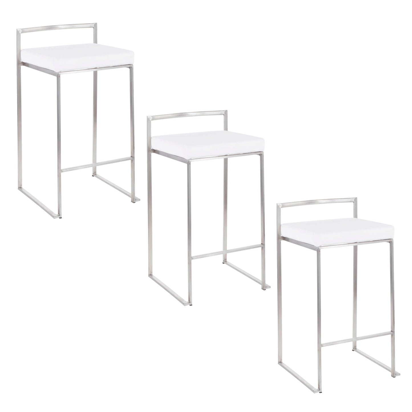 The Fuji Contemporary Elegant Stackable Counter Stool Set features three modern stools with white cushioned seats, sleek silver metal frames, and low backrests arranged diagonally on a white background.