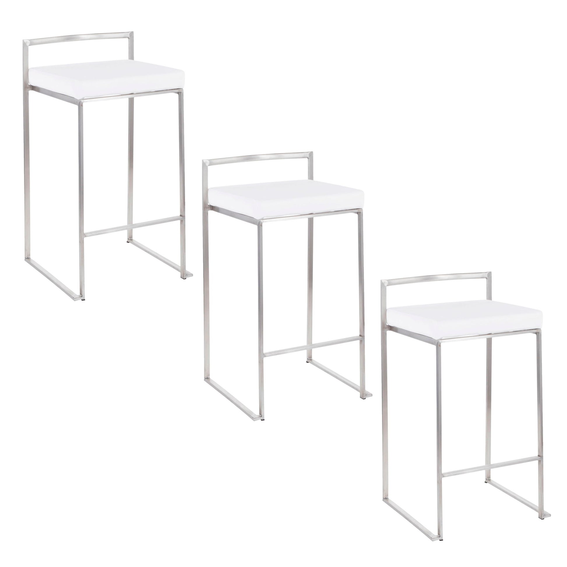 The Fuji Contemporary Elegant Stackable Counter Stool Set features three modern stools with white cushioned seats, sleek silver metal frames, and low backrests arranged diagonally on a white background.