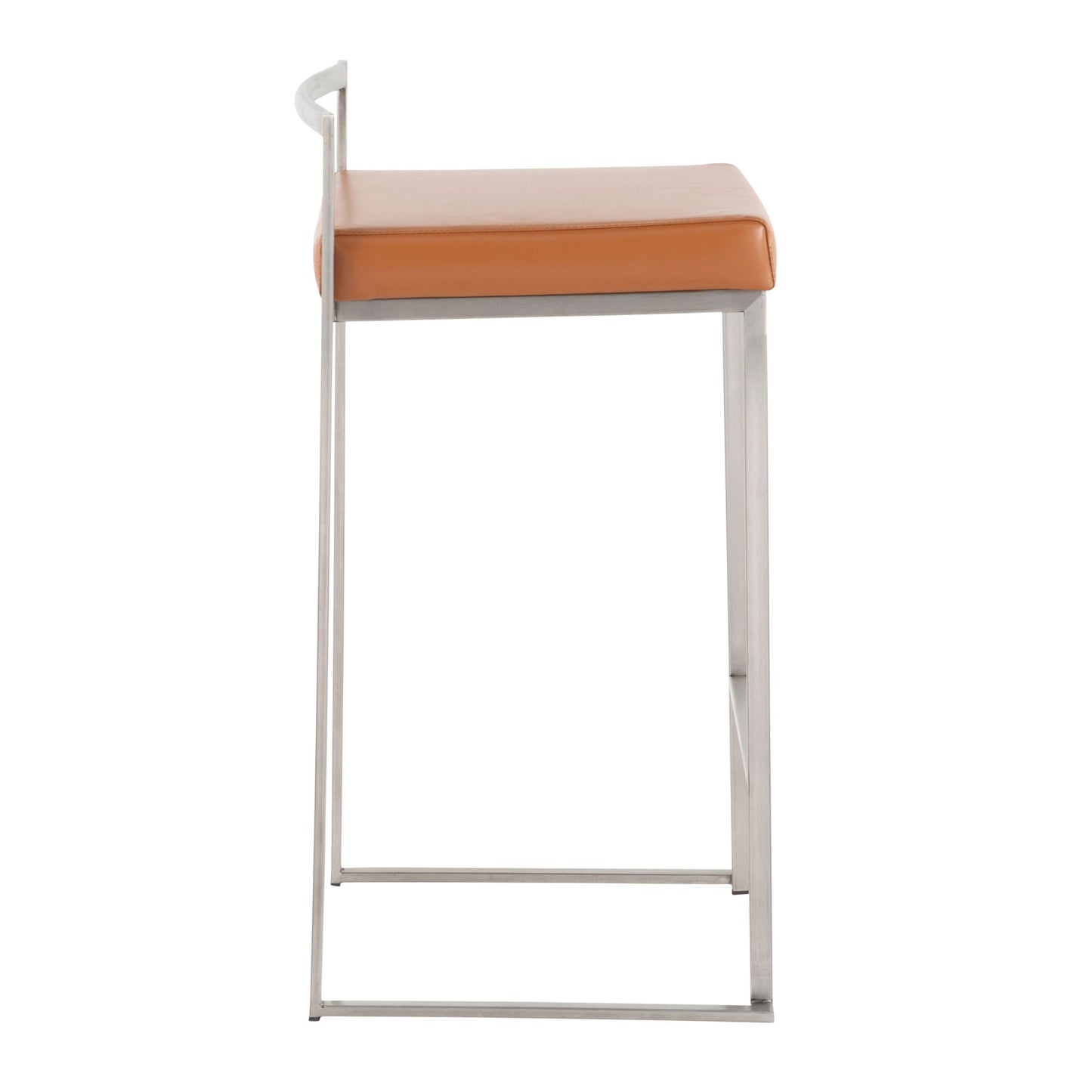 Side view of the Fuji Contemporary Elegant Stackable Counter Stool, featuring a thin metal frame, square tan leather seat, and a minimalist curved metal backrest.