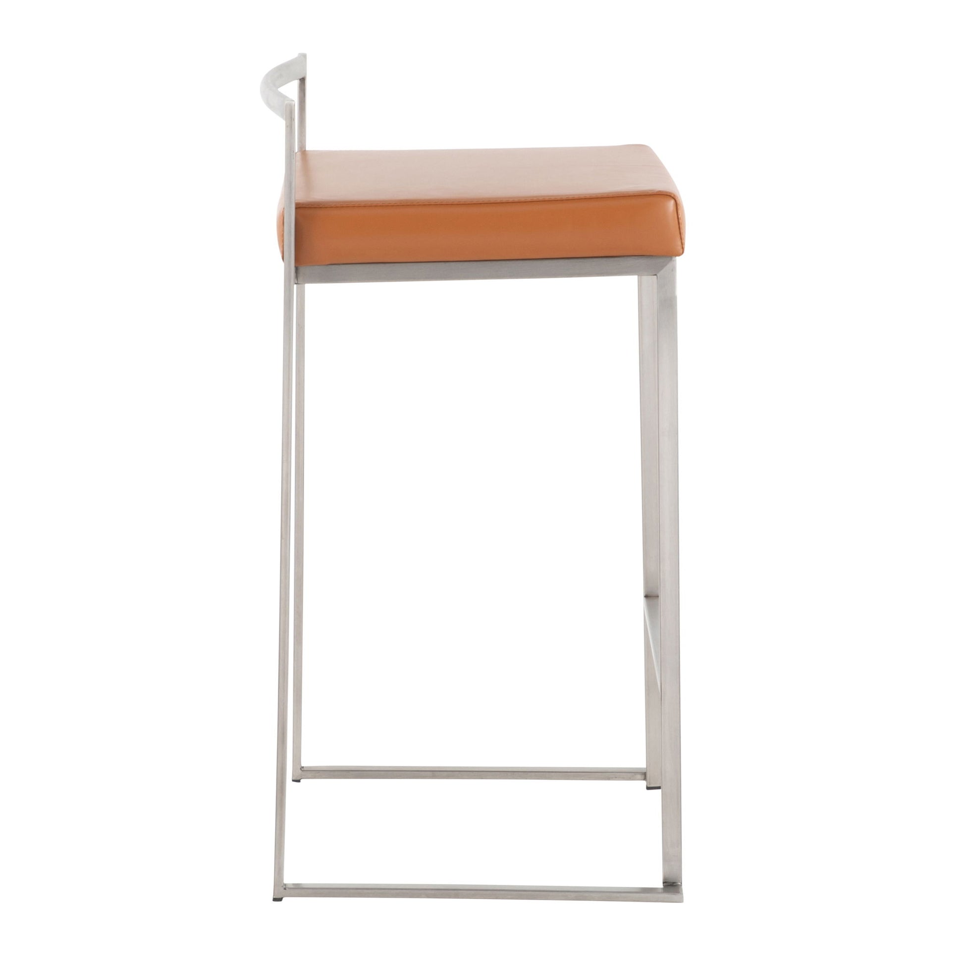 Side view of the Fuji Contemporary Elegant Stackable Counter Stool, featuring a thin metal frame, square tan leather seat, and a minimalist curved metal backrest.