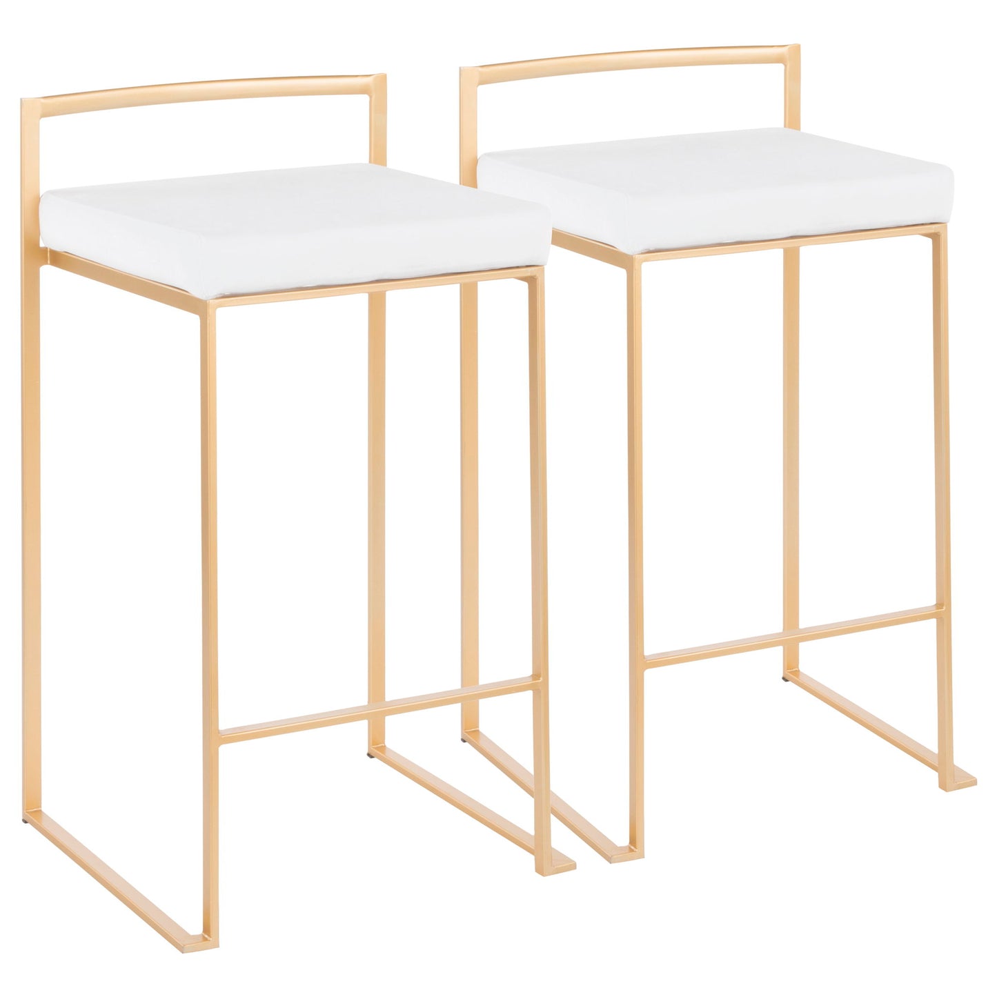 The Fuji Contemporary/Glam Counter Stool Set of 2 features gold metal frames with straight legs, white cushioned square seats, and low rectangular backrests for a minimalist, modern look.