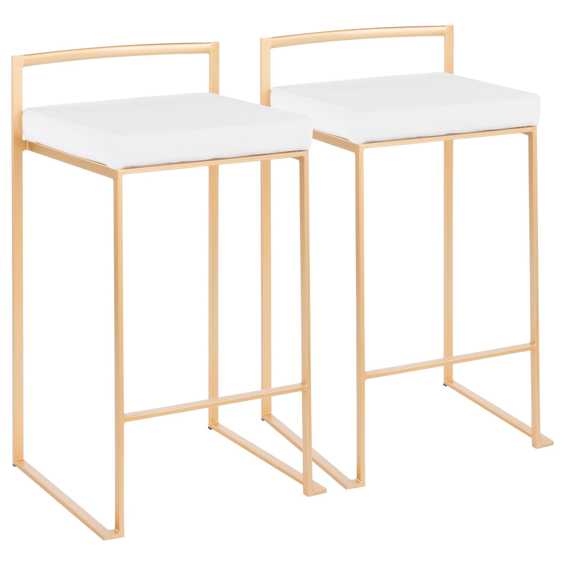 The Fuji Contemporary/Glam Counter Stool Set of 2 features gold metal frames with straight legs, white cushioned square seats, and low rectangular backrests for a minimalist, modern look.