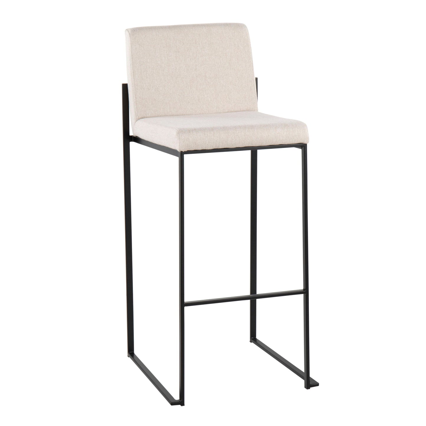 The Fuji Contemporary High Back Barstool features an elegant design with a light beige upholstered seat and backrest, complemented by a minimalist black metal frame and footrest.