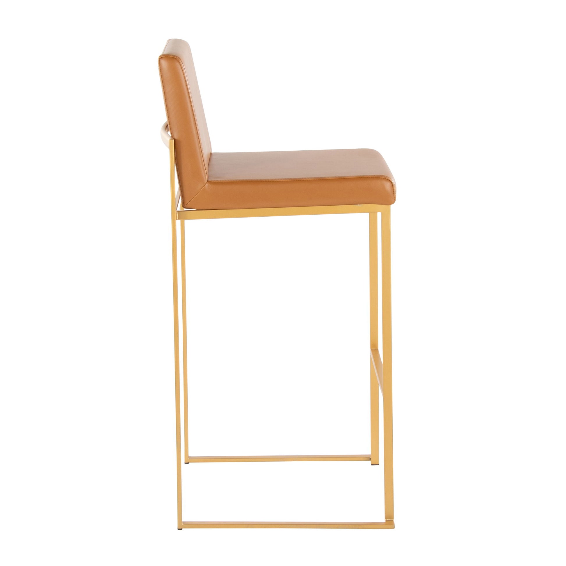 Side view of the Fuji - Contemporary Design High Back Barstool (Set of 2), featuring a tan cushioned seat and backrest with a slim gold metal frame.