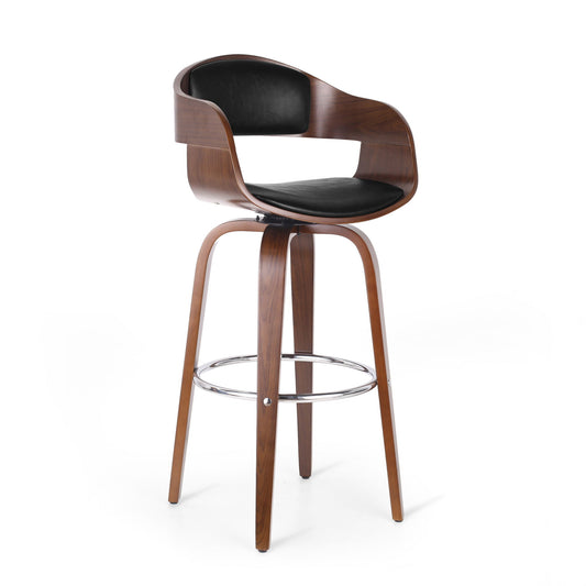 The Modern Bar Stool, Swivel Function features a curved wooden frame, black cushioned seat and backrest, four wooden legs, and a circular chrome footrest.