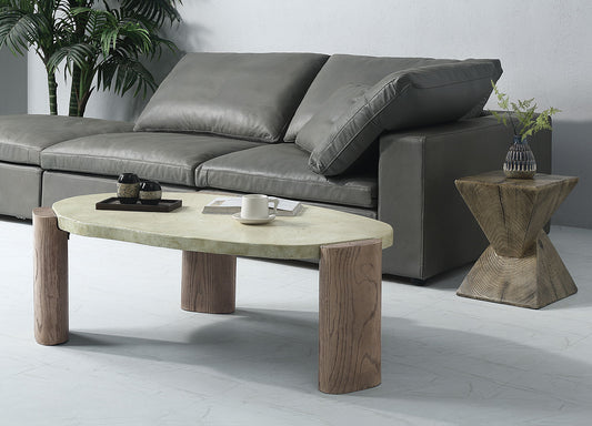 A modern living room with a gray leather sofa, the Dayana Oak/Off White coffee table with wooden legs, a wooden side table holding a vase with greenery, and a potted plant in the background.