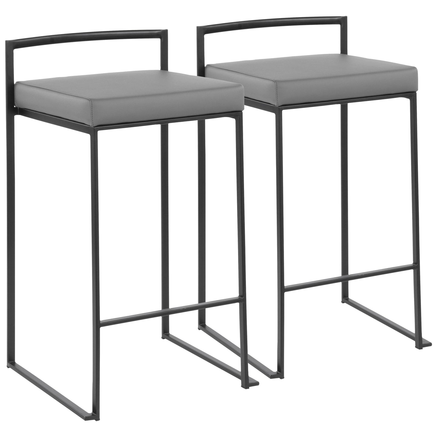 Two Fuji contemporary stackable counter stools with black metal frames, low rectangular backrests, and gray cushioned seats are displayed side by side on a white background.