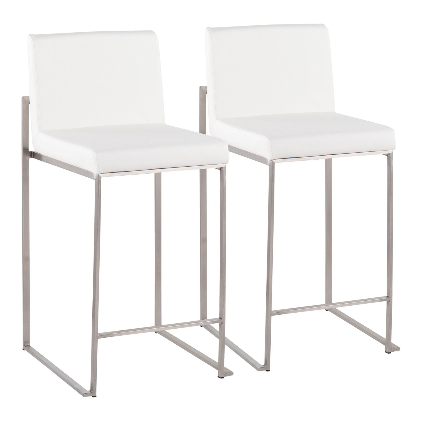 The Fuji Contemporary High Back Counter Stool features white cushioned seats and backs, sleek metal legs with footrests, and a minimalist, modern design for functional style.
