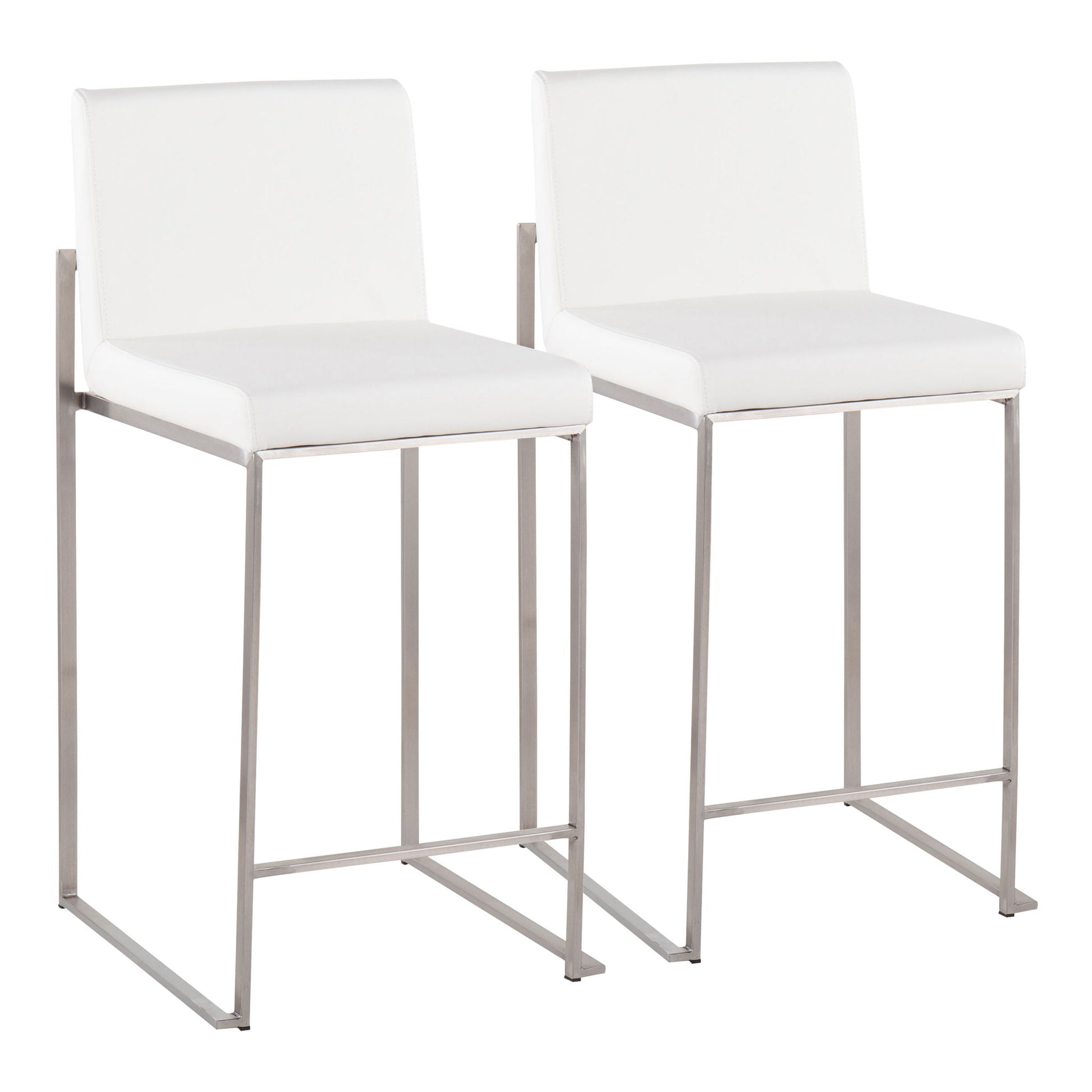The Fuji Contemporary High Back Counter Stool features white cushioned seats and backs, sleek metal legs with footrests, and a minimalist, modern design for functional style.