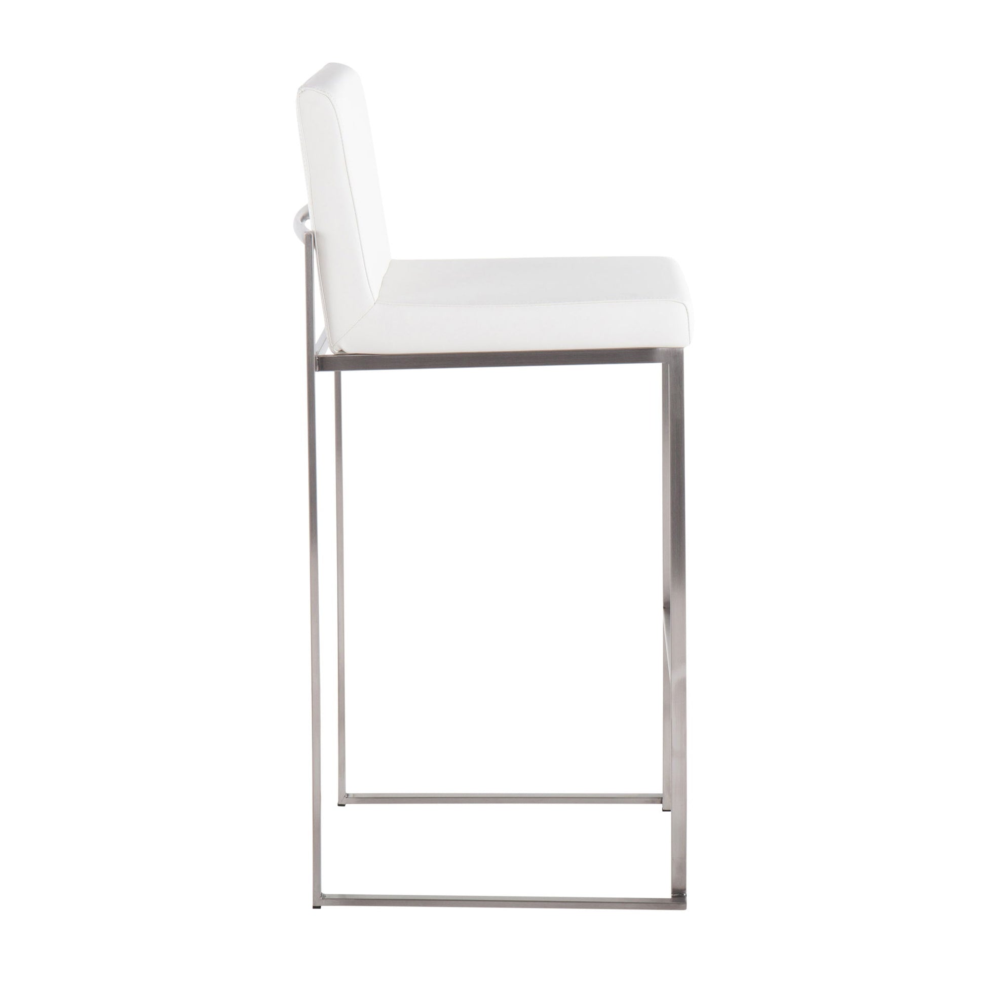 Side view of the Fuji - Contemporary And Modern Elegance High Back Barstool in white, featuring a cushioned seat and backrest with a sleek metal frame and footrest.