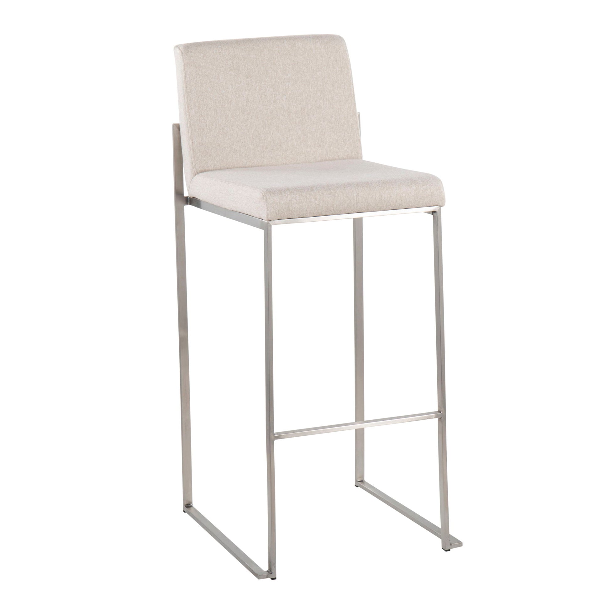 The Fuji - Contemporary And Modern Elegance High Back Barstool features a light beige cushioned seat and backrest, complemented by a sleek minimalist metal frame with a footrest for stylish comfort.