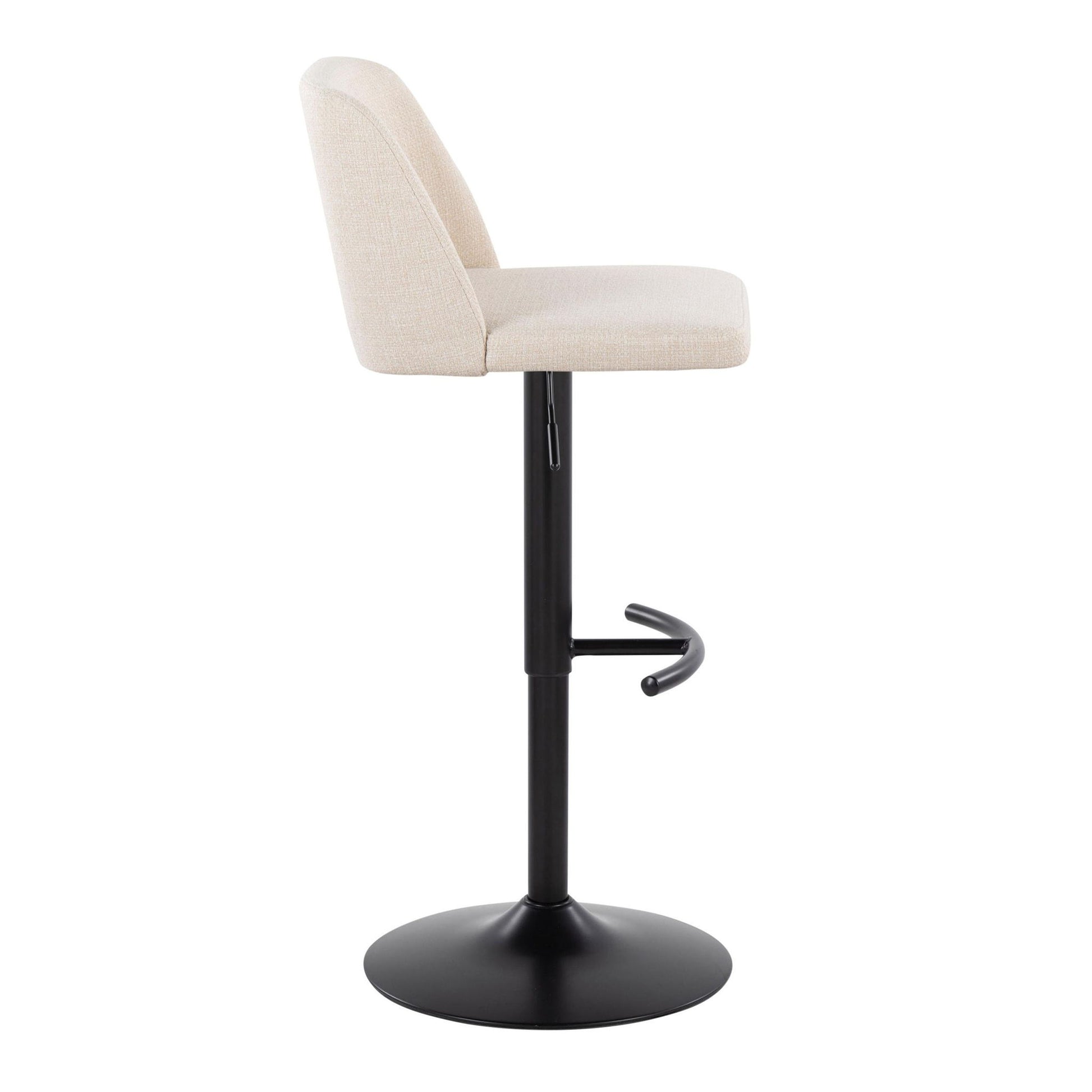 The Toriano Contemporary Adjustable Bar Stool (Set of 2) features beige upholstery, a curved backrest, black metal pedestal base, and a rounded T footrest, shown from the side against a white background.