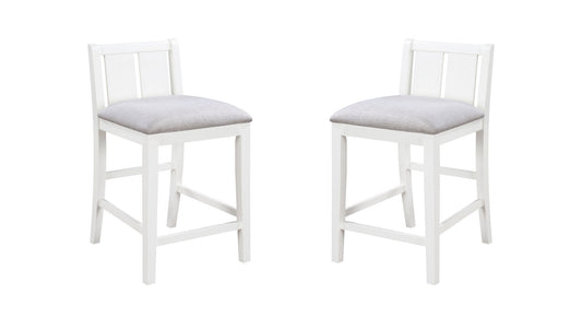 The Graham 20" Upholstered Seat Counter Height Chairs (Set of 2) feature white wooden frames, light gray cushioned seats, and straight backs, displayed together against a plain white background.