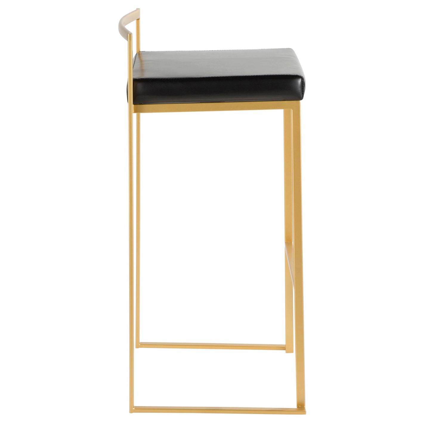 Side view of the Fuji Barstool—contemporary/glam style featuring a gold metal frame, thin legs, low curved backrest, and flat black cushioned seat for quality construction and modern appeal.