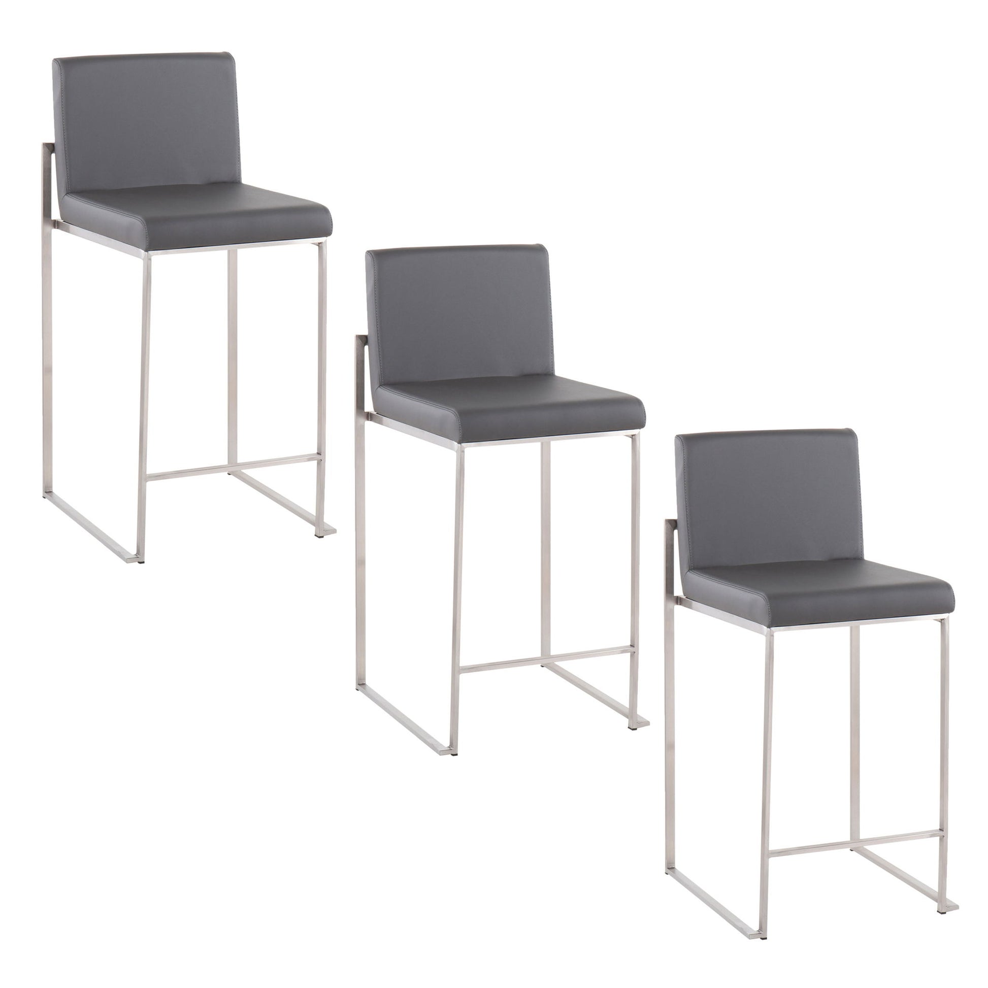 Three Fuji Contemporary High Back Counter Stools with gray cushioned seats and backs, sleek metal frames, and rectangular legs are arranged side by side against a white background.