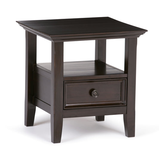 The Amherst - Handcrafted End Table features a dark brown wood finish, flat square top, open middle shelf, and a bottom drawer with a round metal handle.