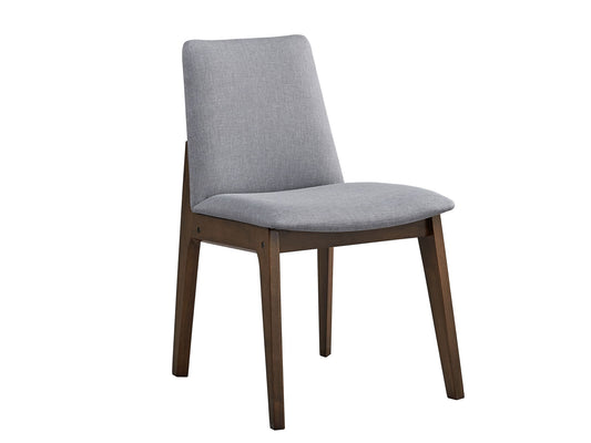 The Kaela Side Chair (Set of 2) in light gray features a modern minimalist design, upholstered seat and backrest, and angled wooden legs.