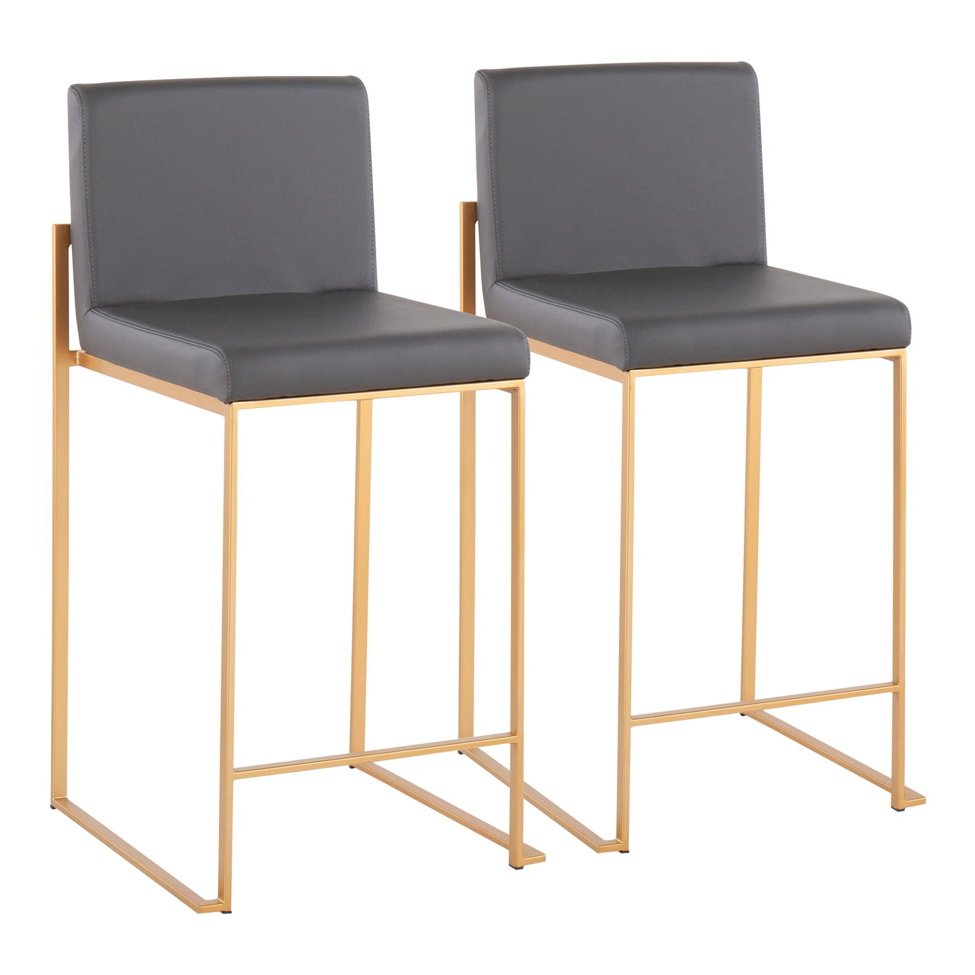 Two Fuji Contemporary High Back Stylish Counter Stools with gray cushioned seats, gold metal frames, and footrests are positioned side by side on a white background.