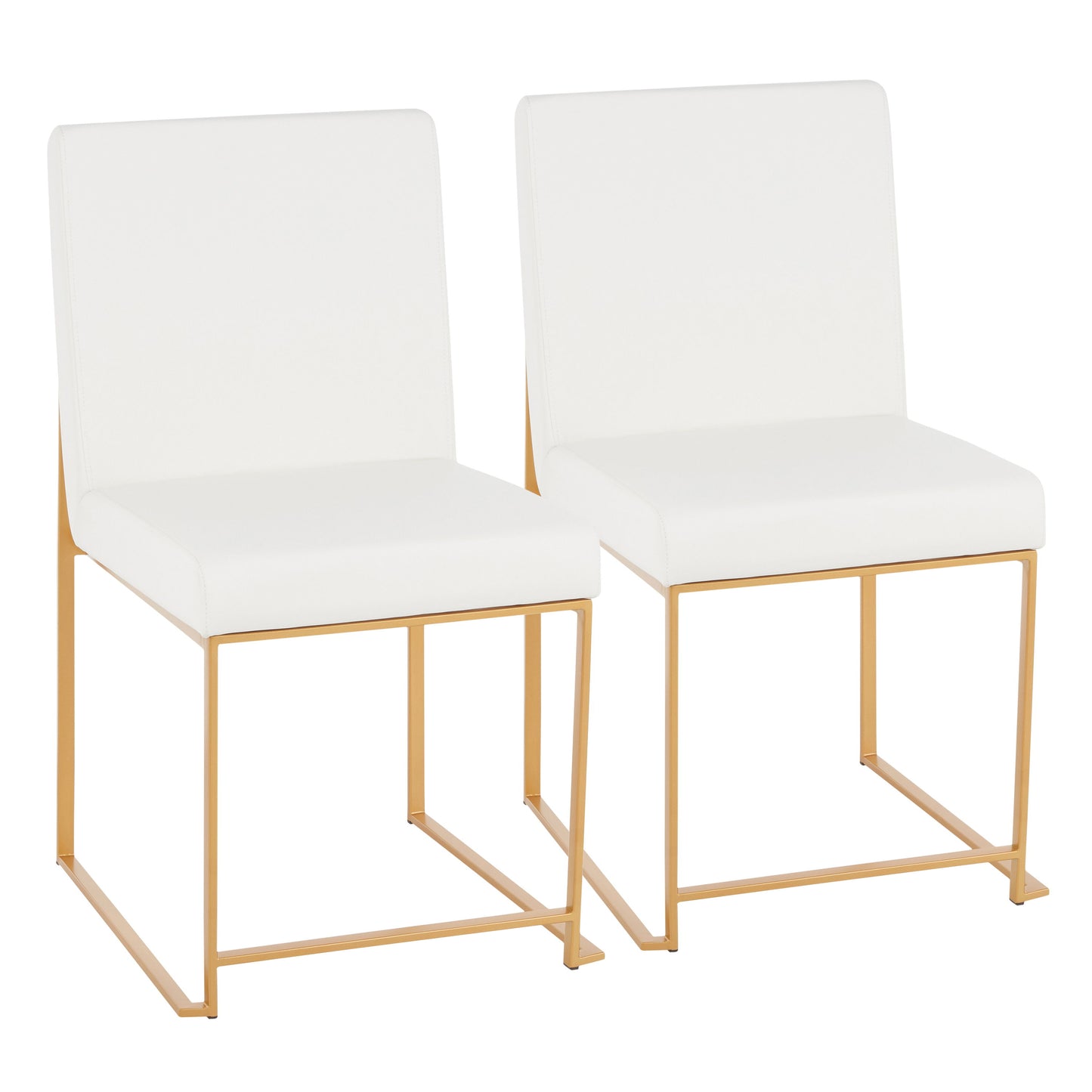 The Fuji set includes two contemporary dining chairs, each with white cushioned seats and backrests, sleek gold metal legs, and a minimalist design. They are pictured side by side against a plain white background.